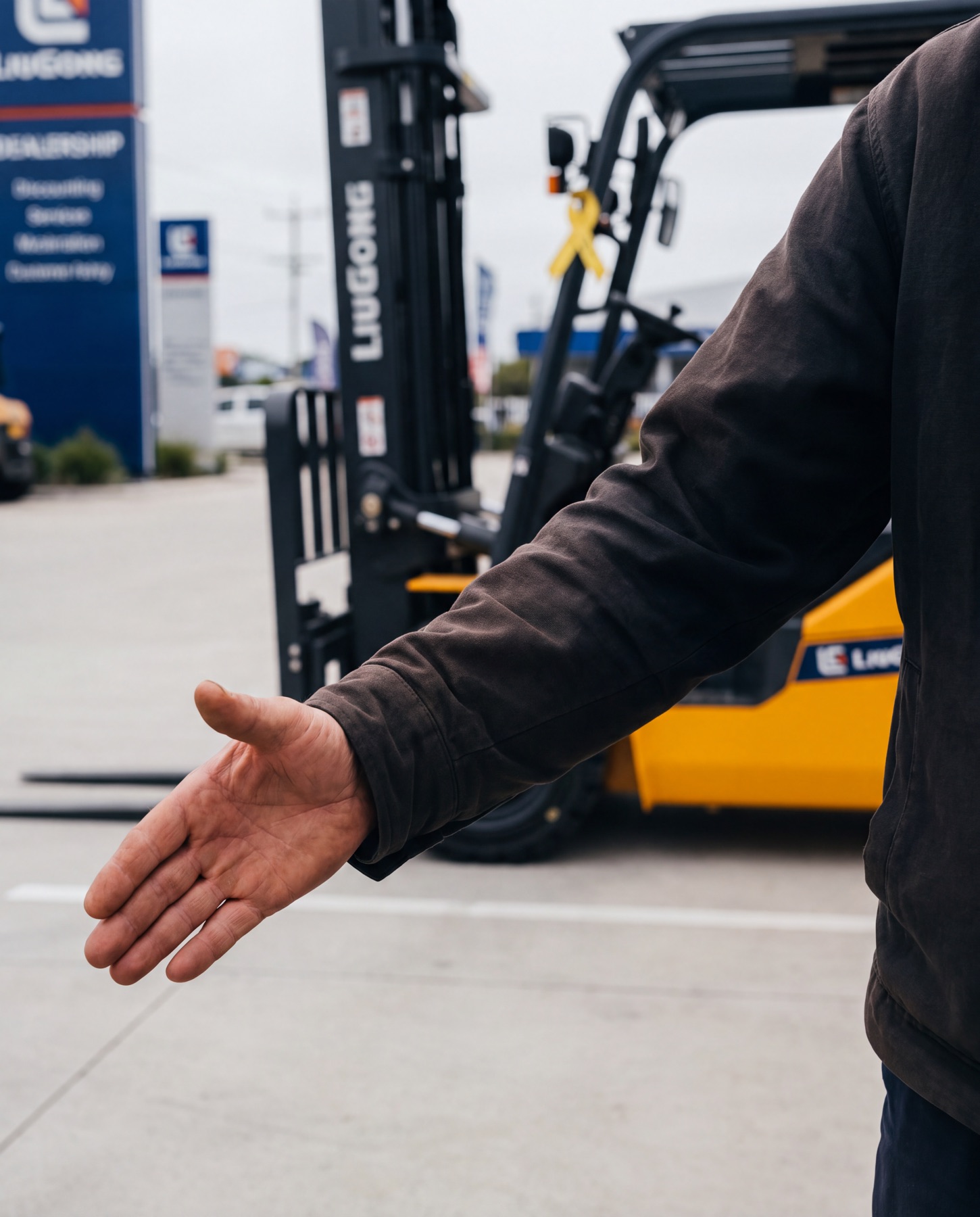 Handshake in front of a forklift